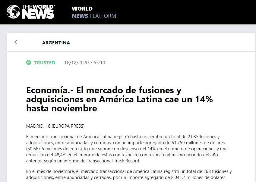 Economa.- El mercado de fusiones y adquisiciones en Amrica Latina cae un 14% hasta noviembre